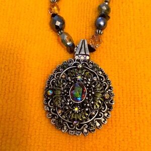 Chico’s Multi Color Glass & Pewter Beaded Necklace up to 19” With Pendant NWT